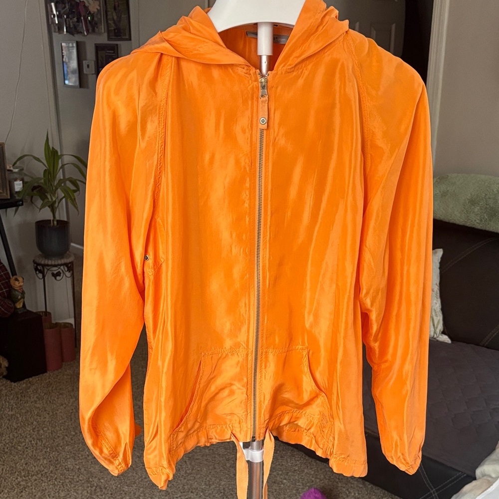 Oleg Cassini Sport 100% Silk Vibrant Orange Hooded Jacket size XL